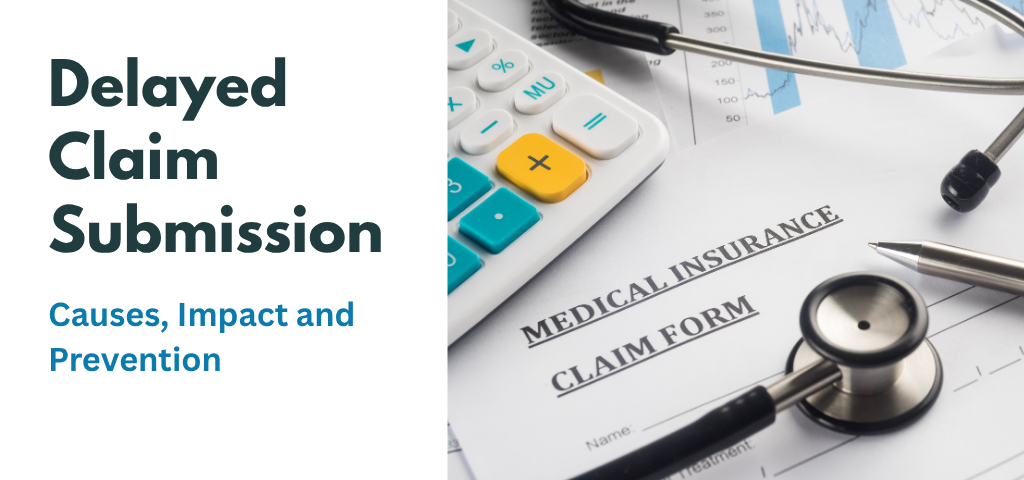 Stethoscope, pen, and calculator on a medical insurance claim form, highlighting the financial and administrative impact of delayed claim submission.