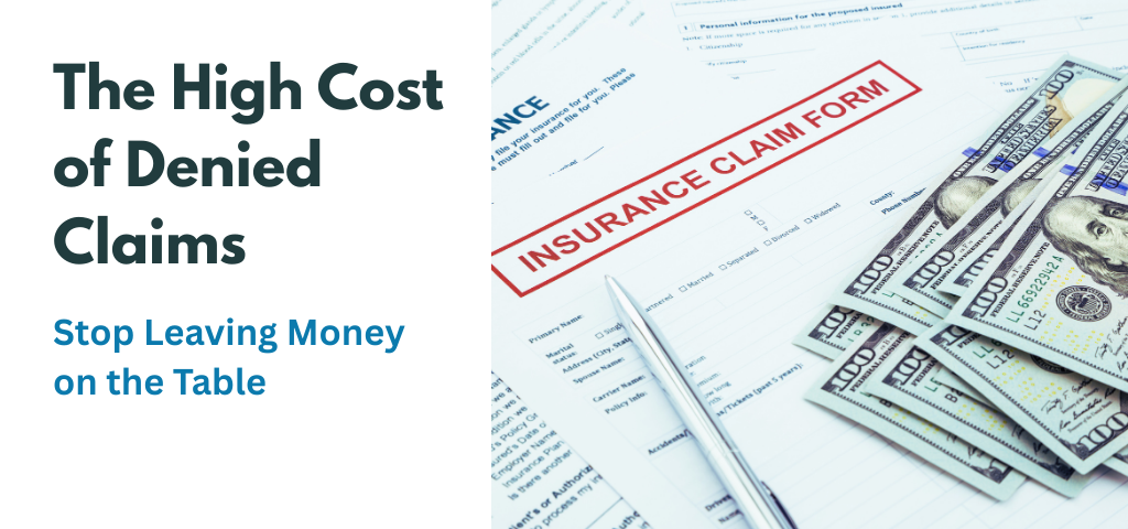 Insurance claim form with dollar bills symbolizing denied claims and revenue loss for hospitals and practices.